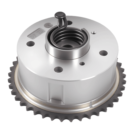 Exhaust camshaft gear with toothed ring and spring-loaded center valve, silver