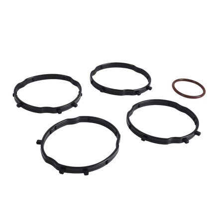 Valve cover gasket set featuring four black circular gaskets and one small red ring