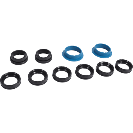 Valve cover gasket set with black and blue sealing rings and several circular gaskets