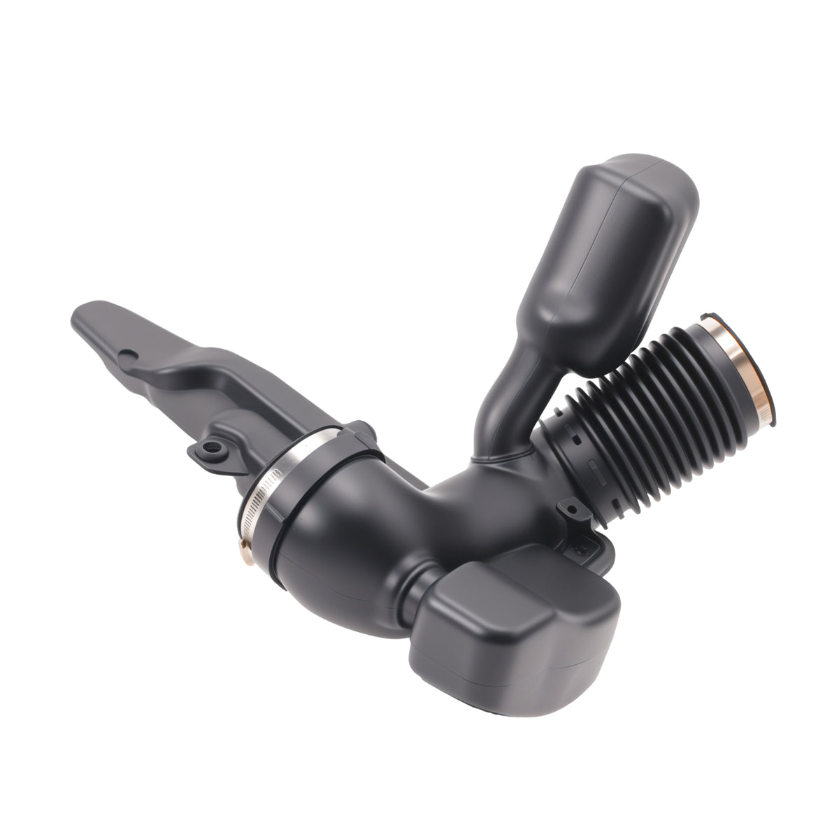 Black air intake hose with ribbed inlet and metal clamp rings