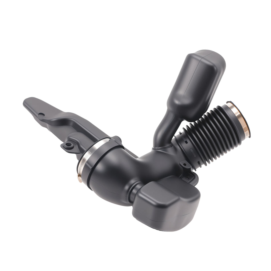 Black air intake hose with ribbed inlet and metal clamp rings