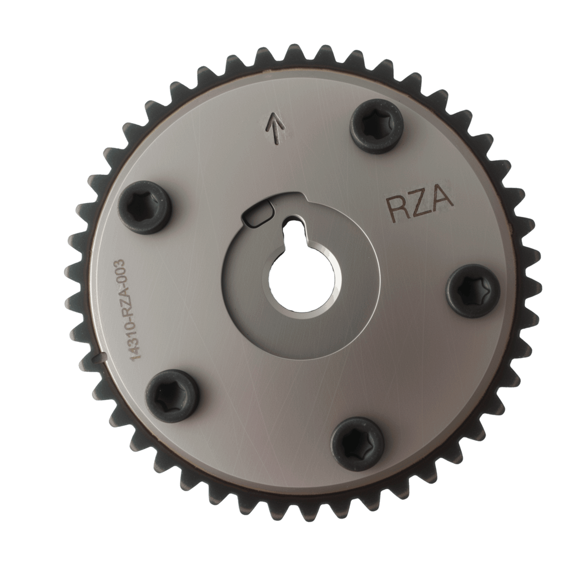 Timing sprocket disc with center hole and four black mounting bolts, silver finish