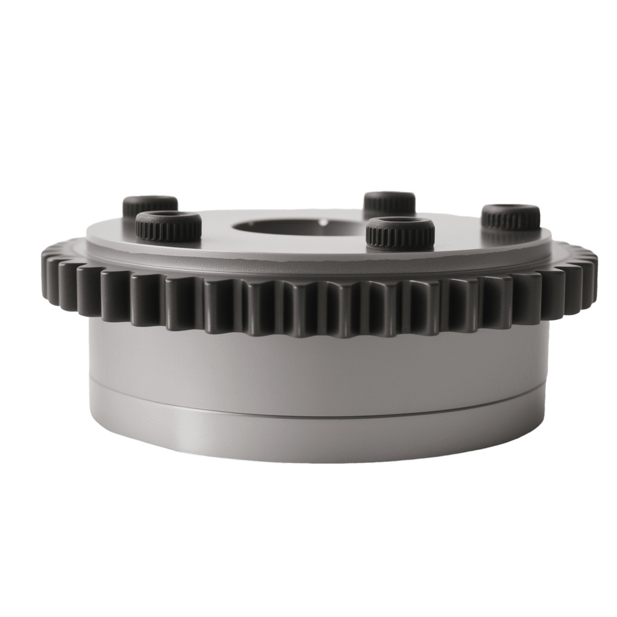 Timing sprocket with steel teeth ring and raised outer rim, silver and black