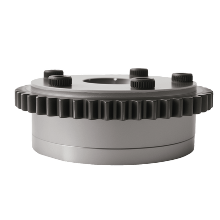 Timing sprocket with steel teeth ring and raised outer rim, silver and black