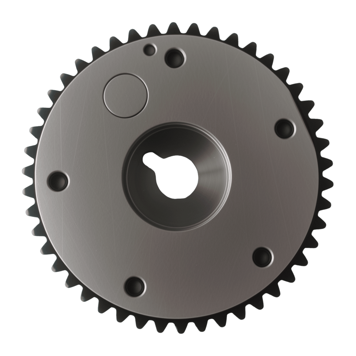 Timing sprocket face with central dark hub and four corner holes, silver and black