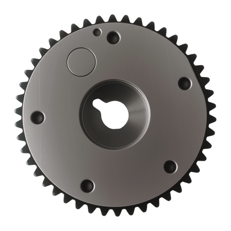 Timing sprocket face with central dark hub and four corner holes, silver and black