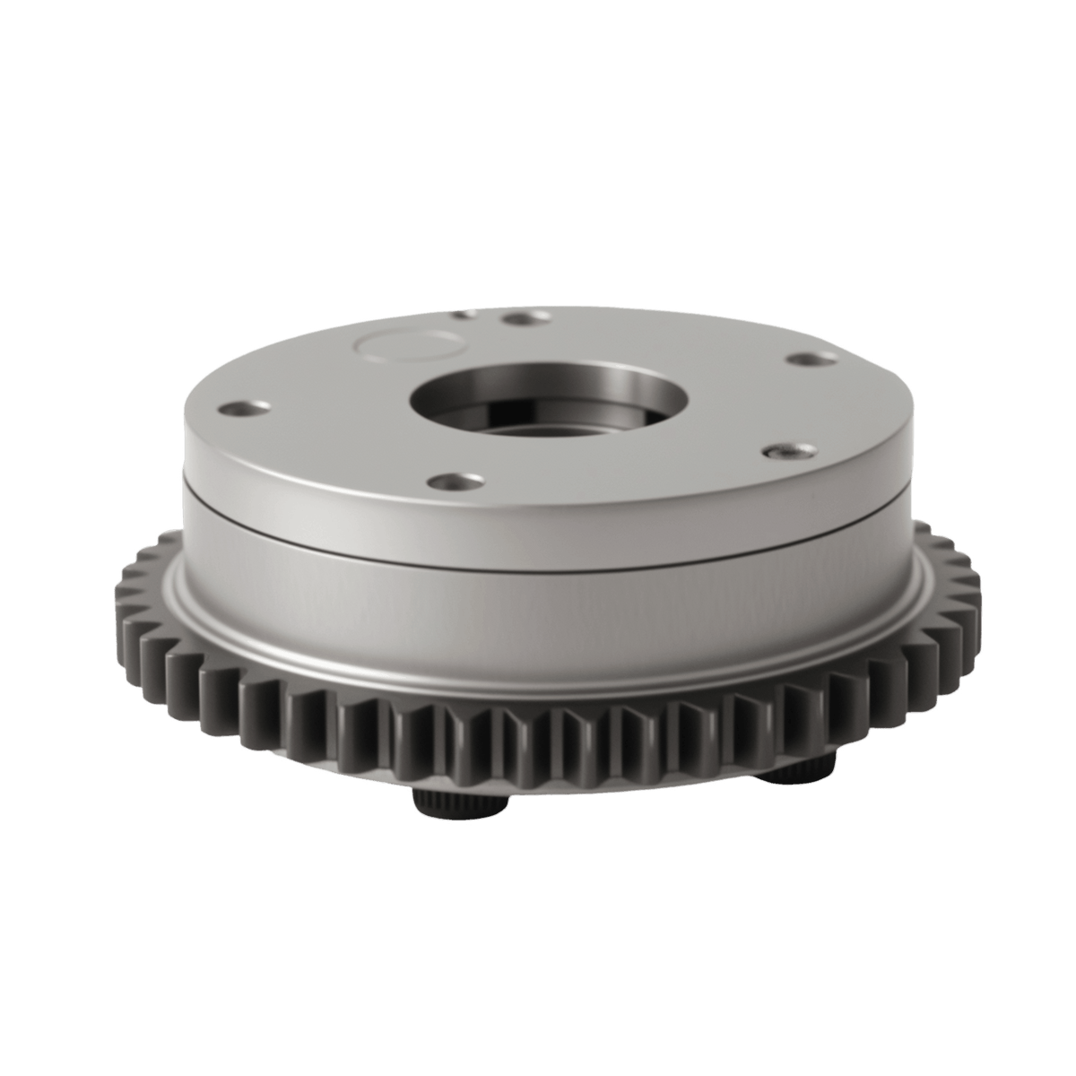 Timing sprocket with toothed edge and top mounting plate, silver metal body