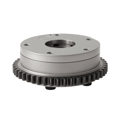 Timing sprocket with toothed edge and top mounting plate, silver metal body