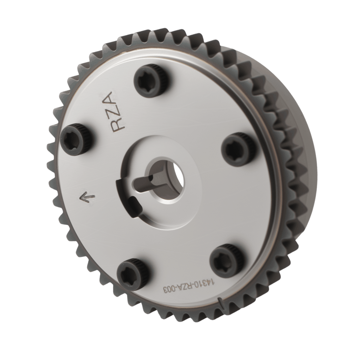 Timing sprocket with toothed perimeter and center bore, silver plate with black bolts