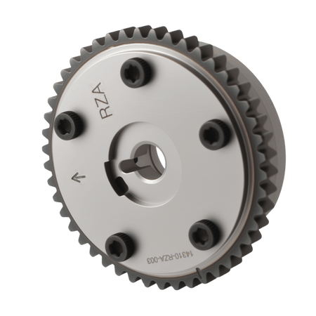 Timing sprocket with toothed perimeter and center bore, silver plate with black bolts