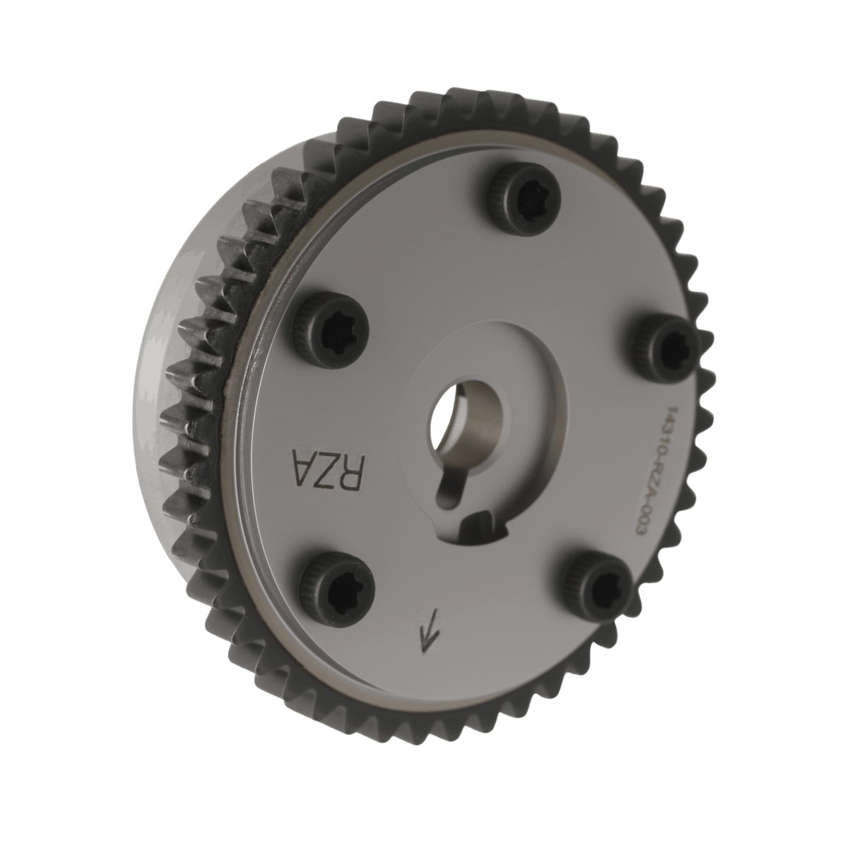 Timing sprocket viewed from side, dark toothed rim and silver hub with bolt heads