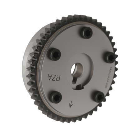 Timing sprocket viewed from side, dark toothed rim and silver hub with bolt heads