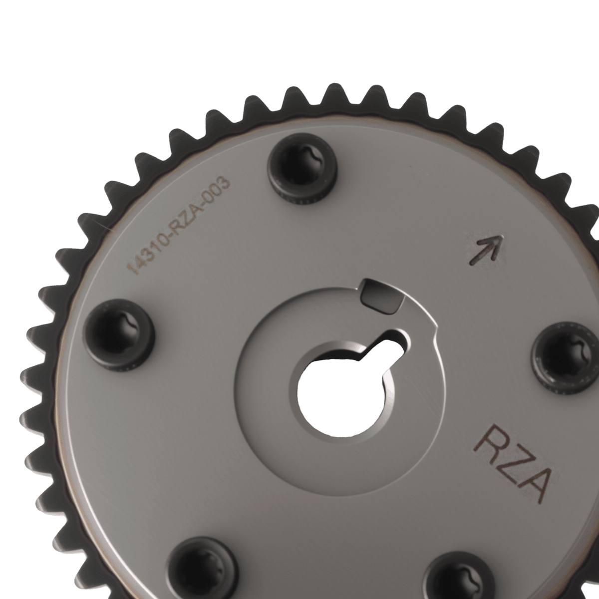 Timing sprocket close-up with center cutout and black mounting bolts, silver face