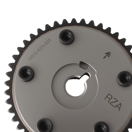 Timing sprocket close-up with center cutout and black mounting bolts, silver face
