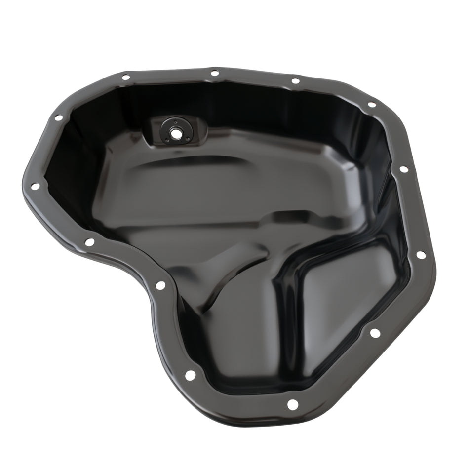 Engine oil pan sump tray in dark steel with drain plug hole and perimeter mounting holes