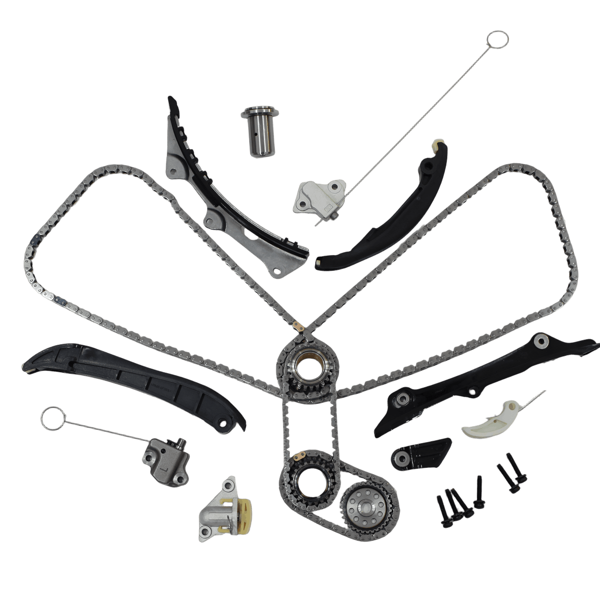 Timing chain kit assembly with chains, guide rails, sprockets, tensioner, and hardware