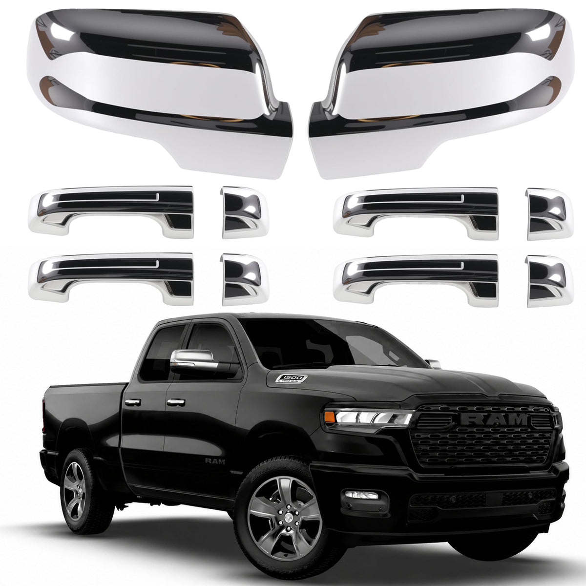 Chrome mirror cap covers and chrome door handle covers, four-piece set, close-up.